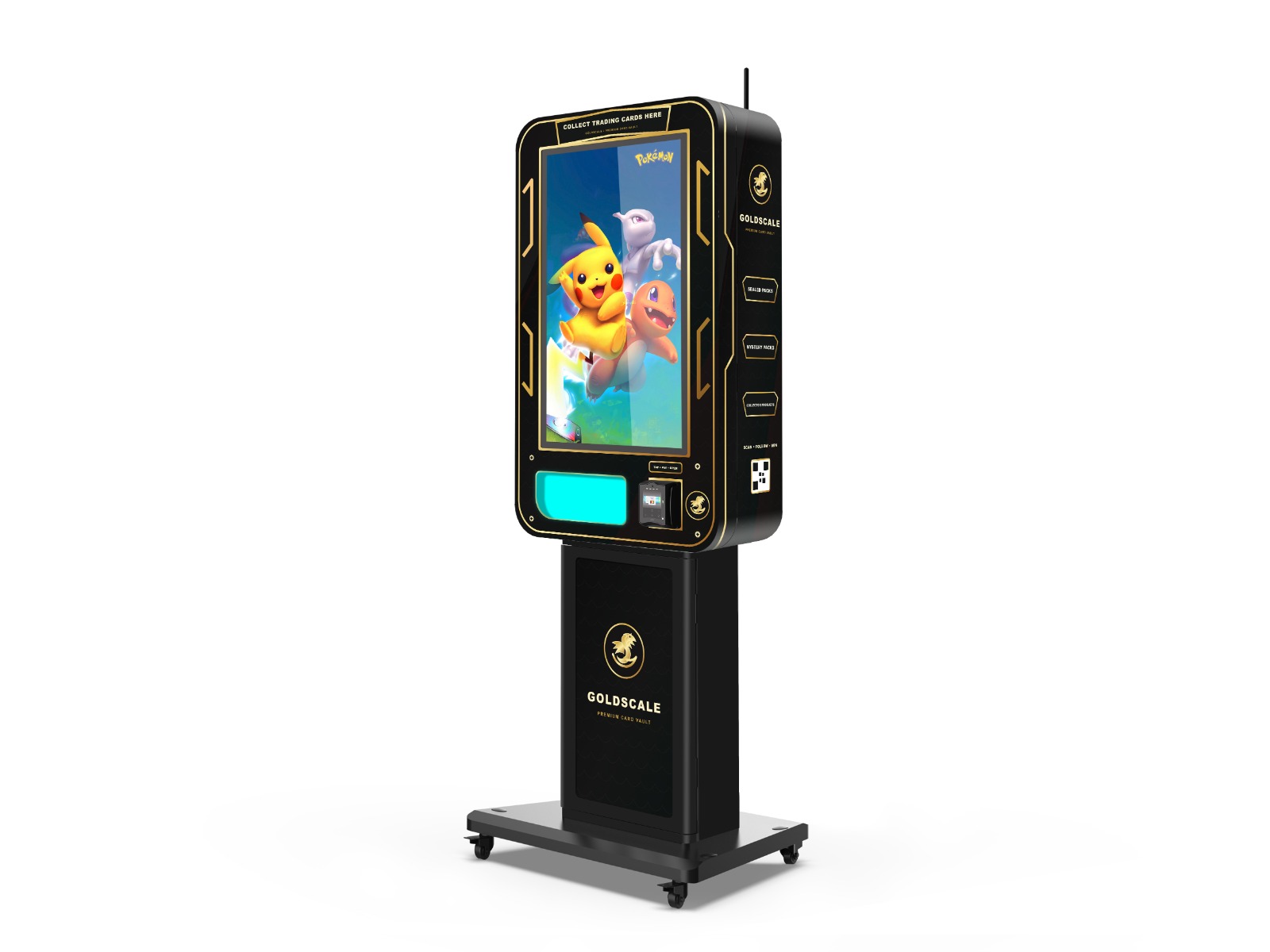 Goldscale kaartenautomaat in zwart en goud, schuin vooraanzicht
