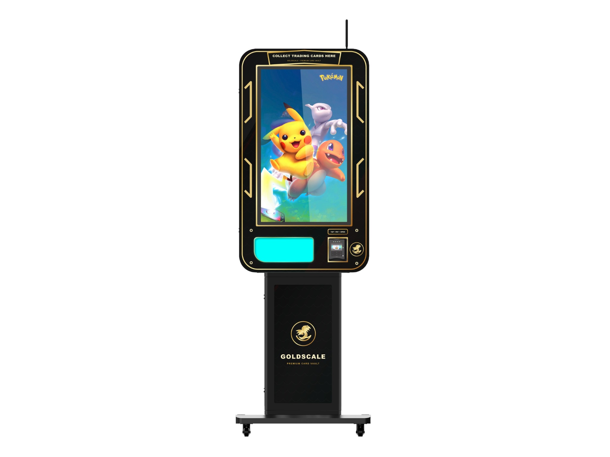 Goldscale kaartenautomaat in zwart en goud, vooraanzicht